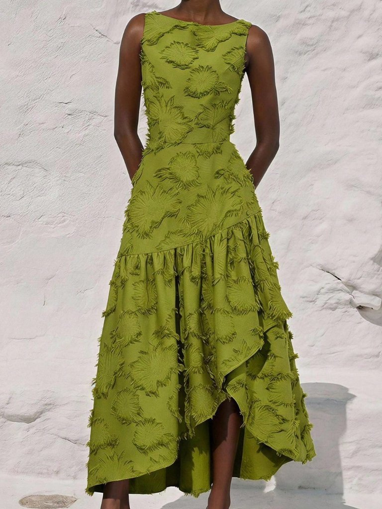 Green Elegant Women's Round Neck Sleeveless Waist-Cinched Skirt Dress
